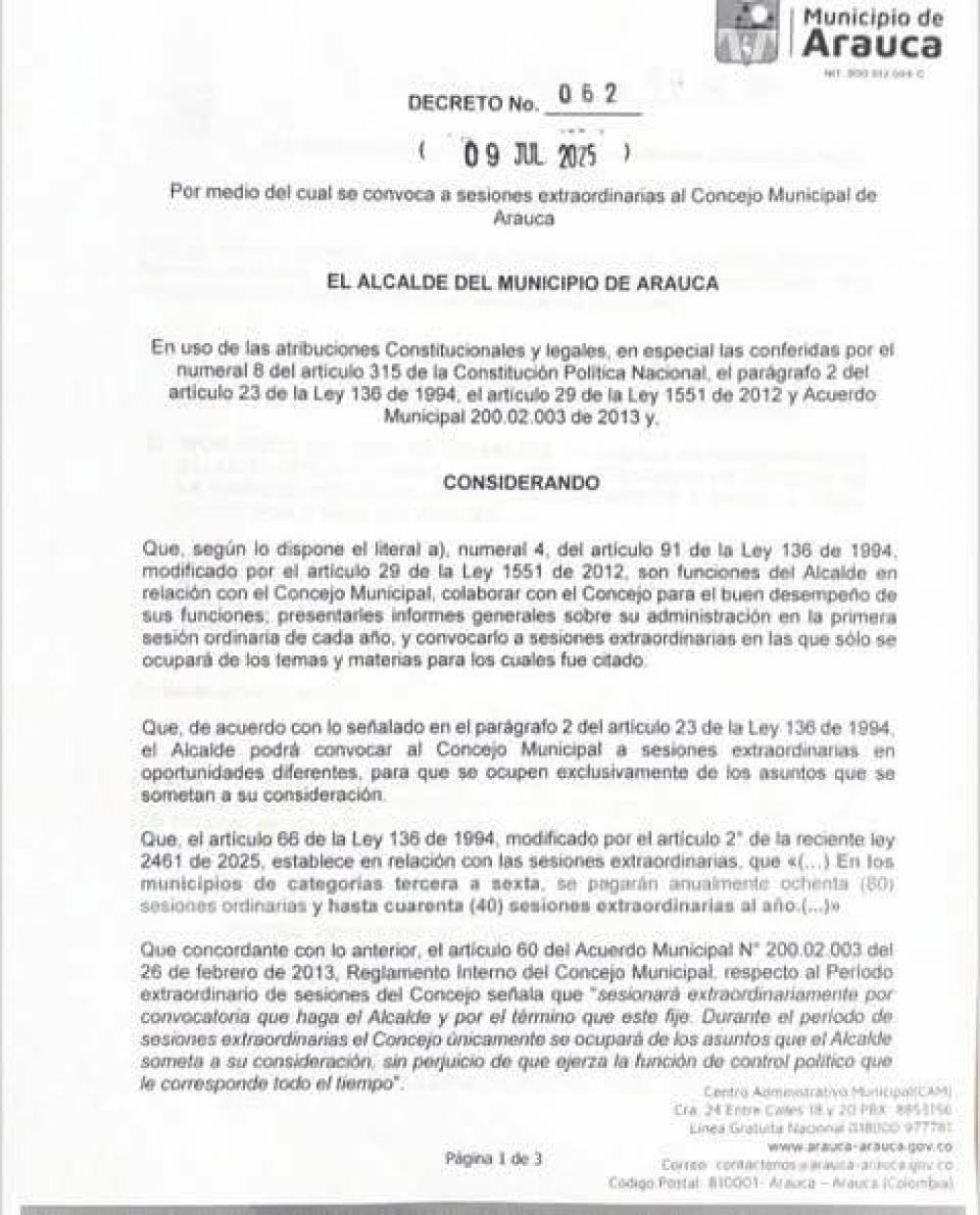 Alcalde de Arauca convoca a sesiones extraordinarias del Concejo para discutir presupuesto y escalas salariales
